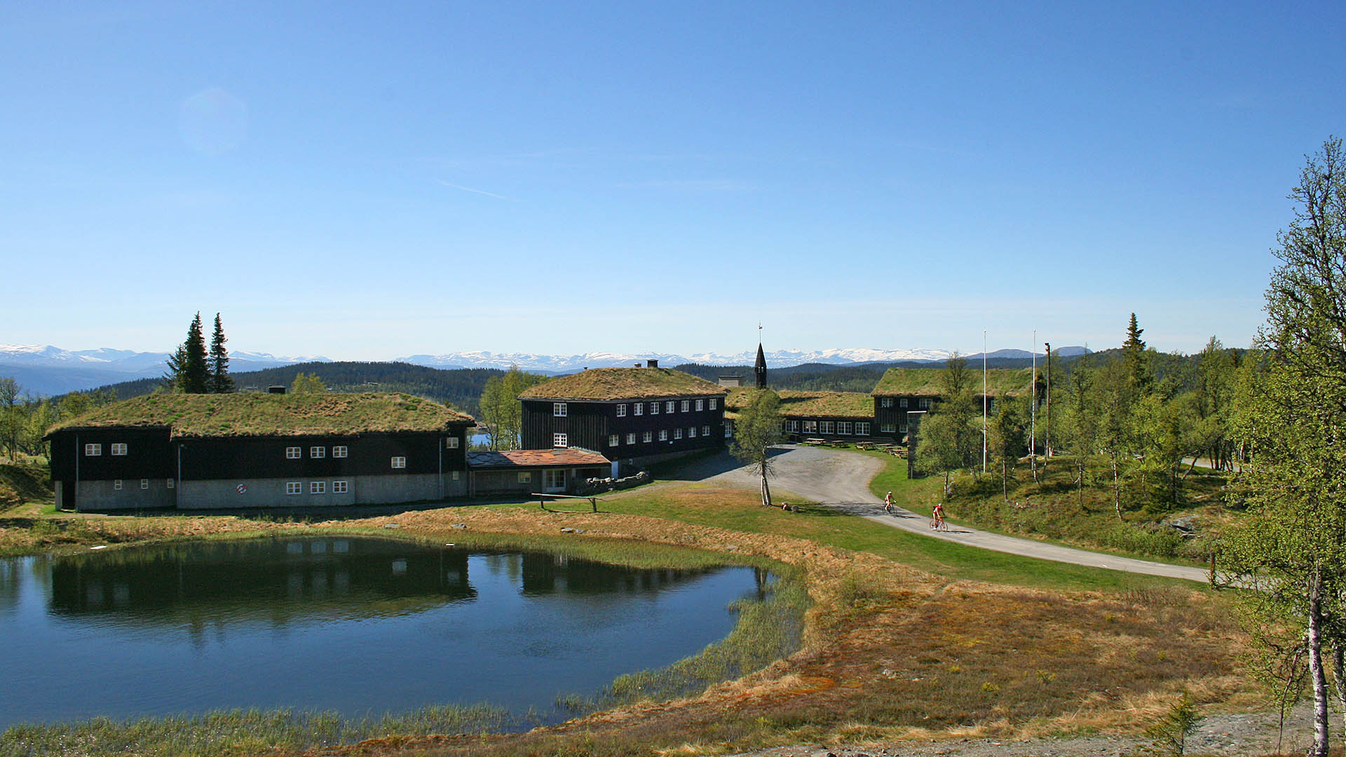 Tradisjonelle trebygg med gresstak ved en liten dam